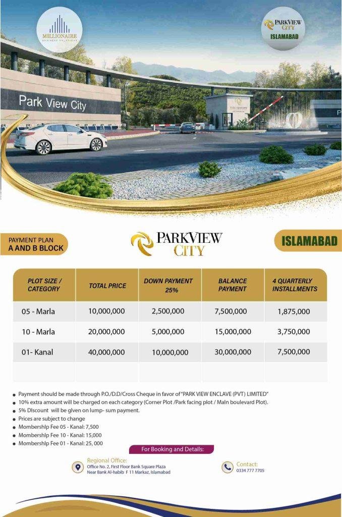 Installment and Payment Plan park view city islamabad of 2022