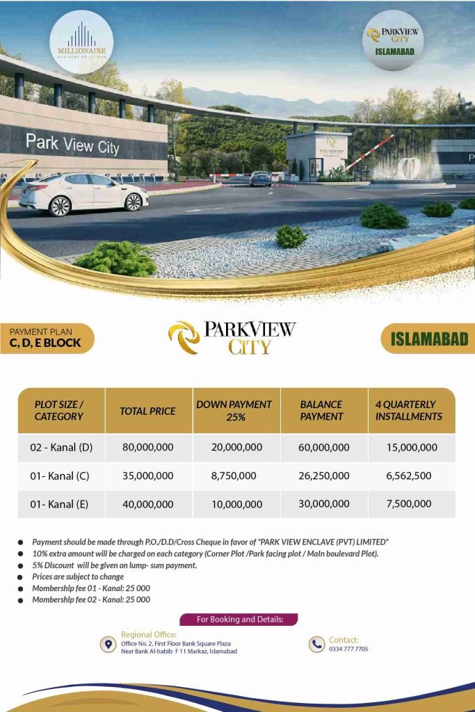 Park View City C, D, E Block Payment Plan